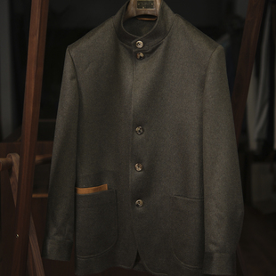 Leo男士 立领老钱风羊绒伯爵夹克外套定制 秋冬上衣墨绿高级感中式