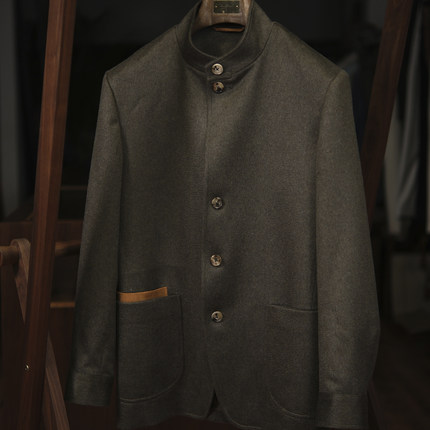 Leo男士秋冬上衣墨绿高级感中式立领老钱风羊绒伯爵夹克外套定制