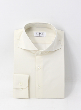Leo男士全棉乳白色衬衫日常商务休闲一字领长袖修身正装府绸衬衣