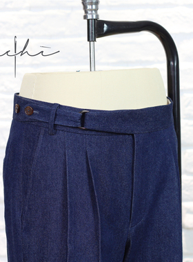 leo男士高腰全棉休闲意式那不勒斯西裤蓝色丹宁牛仔9分西装裤定制