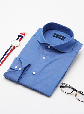 Leo男士牛仔衬衫定制蓝色修身长袖高端商务休闲纯棉打底衬衣男装