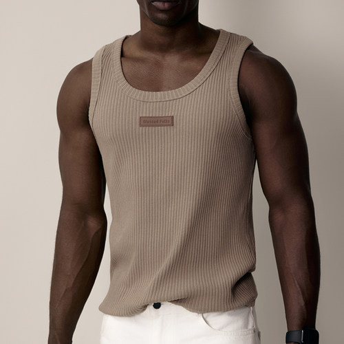 Blessed Folks夏季美式复古重磅全棉胶标logo男弹力罗纹背心