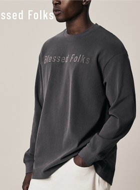 BlessedFolks秋冬男女同款情侣logo绒布印花亲肤微绒圆领长袖T恤