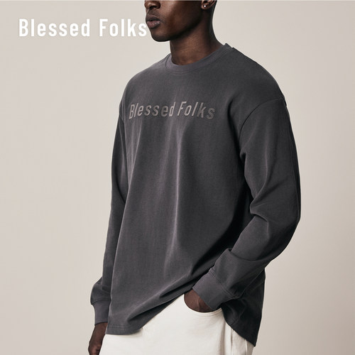 BlessedFolks秋冬男女同款情侣logo绒布印花亲肤微绒圆领长袖T恤