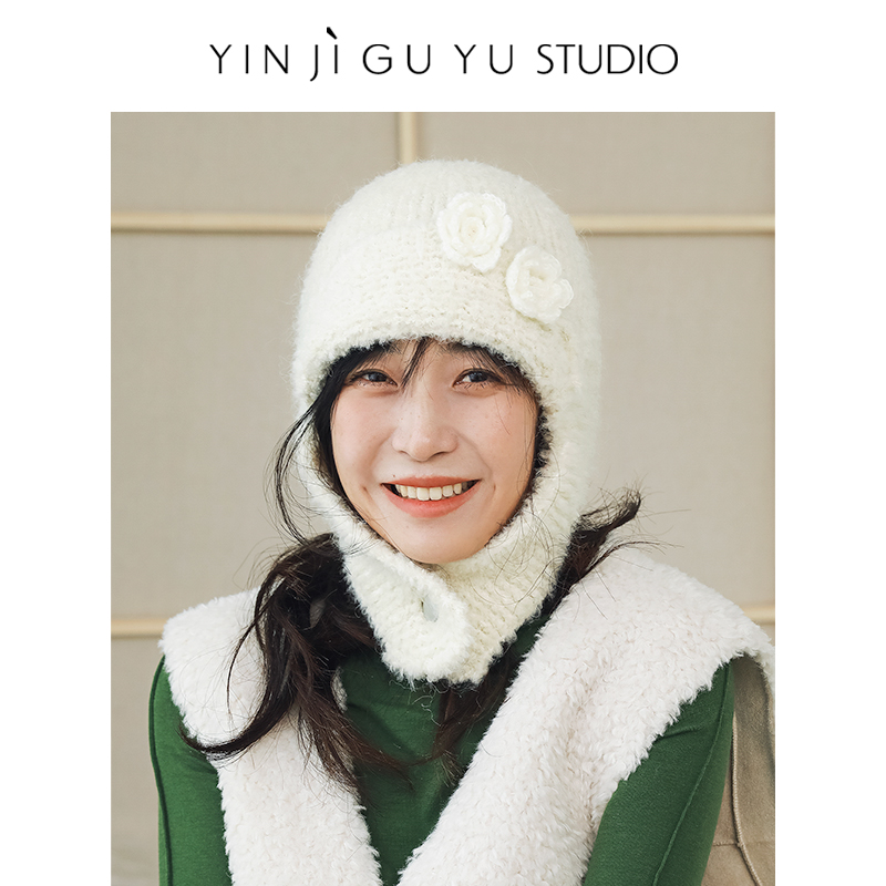 印计谷羽羊毛护耳绣花飞行帽女冬季保暖手工针织毛线帽高级感帽子