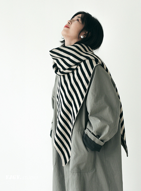 印计谷羽秋冬条纹针织春秋披肩女外搭高级感围脖日系百搭围巾F52