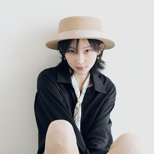 禮帽出游平頂沙灘帽太陽帽子 拉菲草草帽女夏天防曬遮陽帽平沿時尚