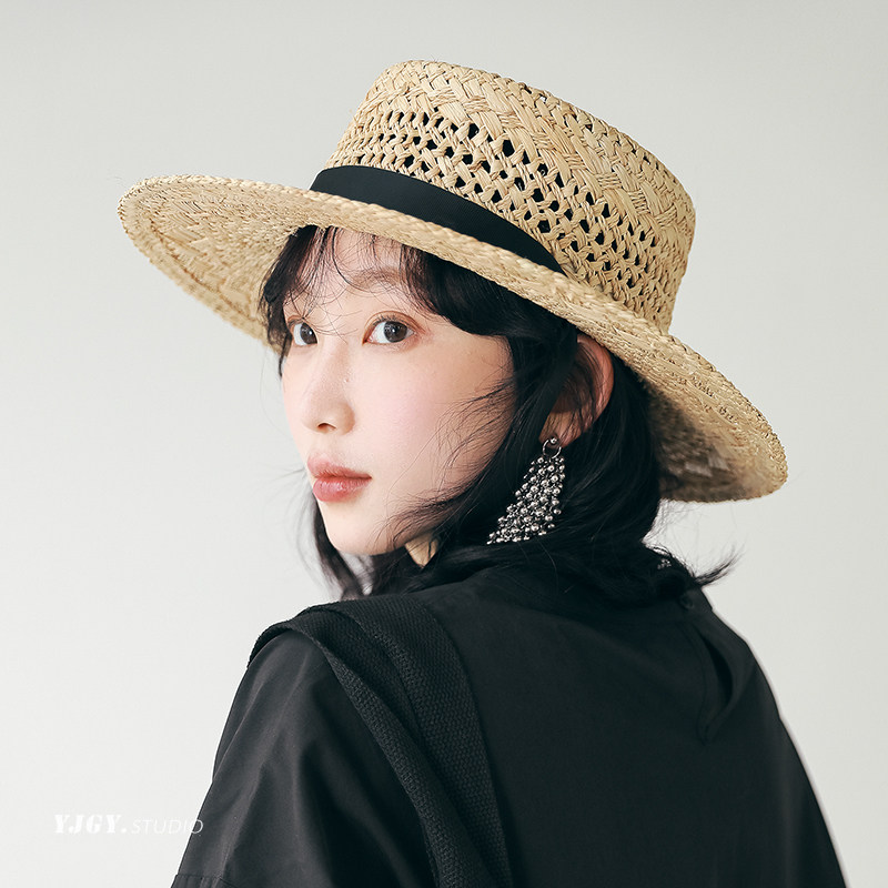印计谷羽 拉菲草帽女夏季设计感礼帽遮阳防晒帽平檐飘带渔夫帽子