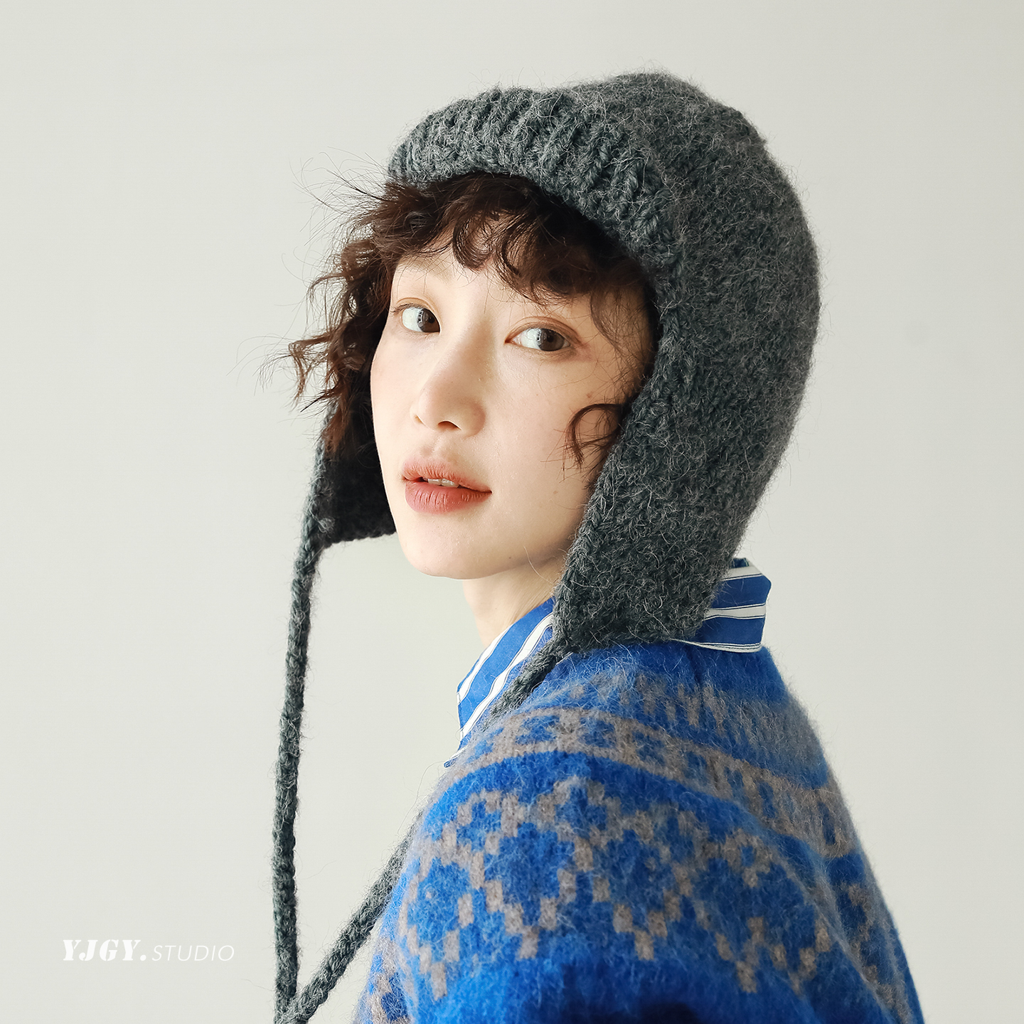 印计谷羽自留款羊驼毛护耳针织飞行帽女秋冬季保暖毛线帽萝莉帽子