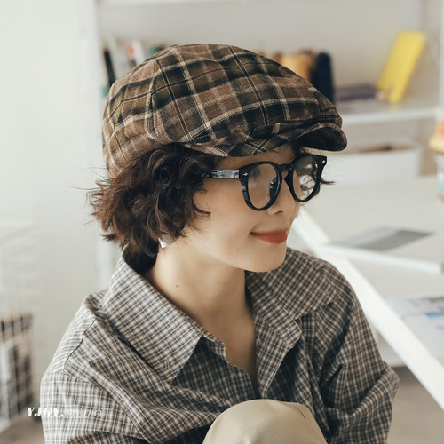 印计谷羽 原创设计磨毛格纹鸭舌帽女秋冬季百搭韩版文艺报童帽子