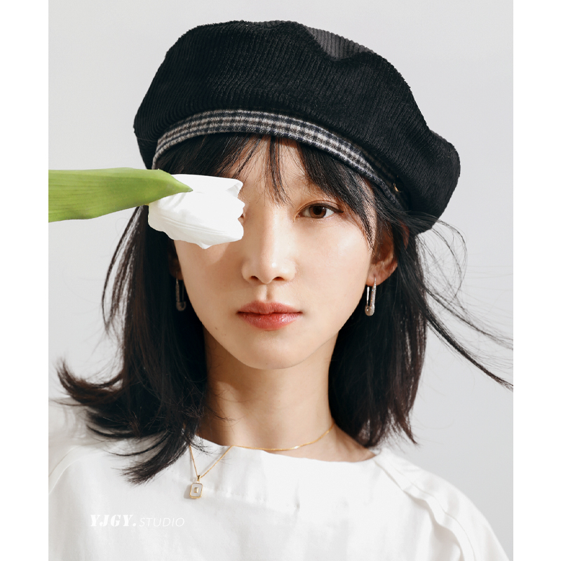 秋冬柔软灯芯绒日系复古时尚帽子
