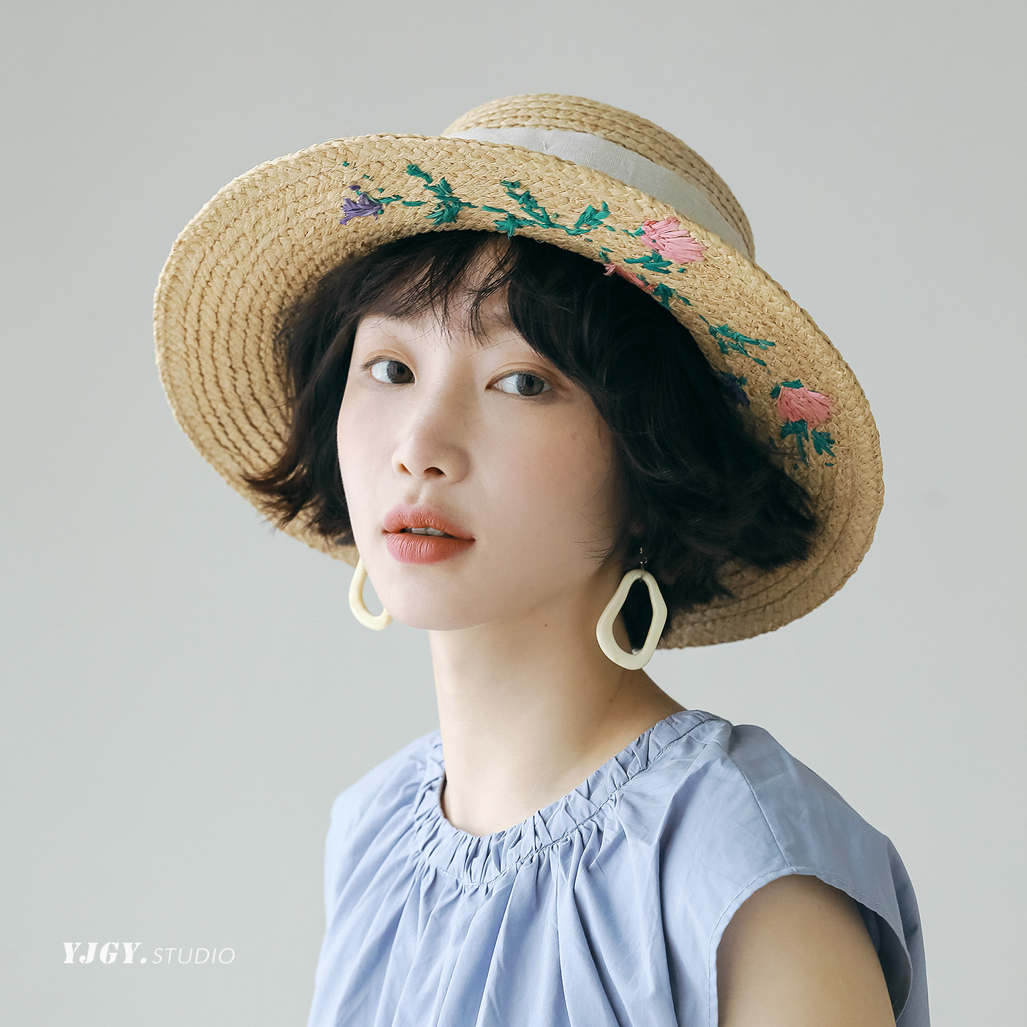 印计谷羽 原创设计大檐花朵刺绣拉菲草帽女春夏季沙滩度假防晒帽