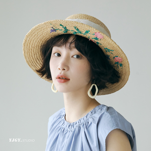 印计谷羽 沙滩度假防晒帽 原创设计大檐花朵刺绣拉菲草帽女春夏季