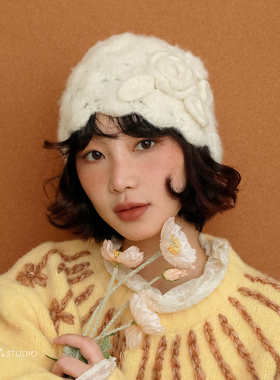 印计谷羽设计师手工羊驼毛花朵针织套头帽女秋冬季保暖包头冷帽子