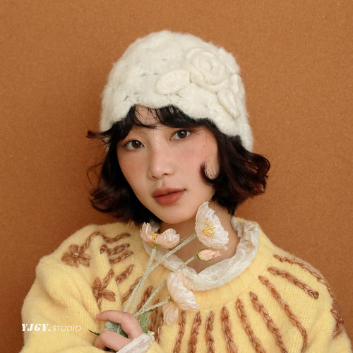 印计谷羽设计师手工羊驼毛花朵针织套头帽女秋冬季保暖包头冷帽子