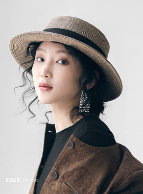 印计谷羽 高级感日系百搭平顶草帽女夏天出游防晒帽韩版遮阳帽子