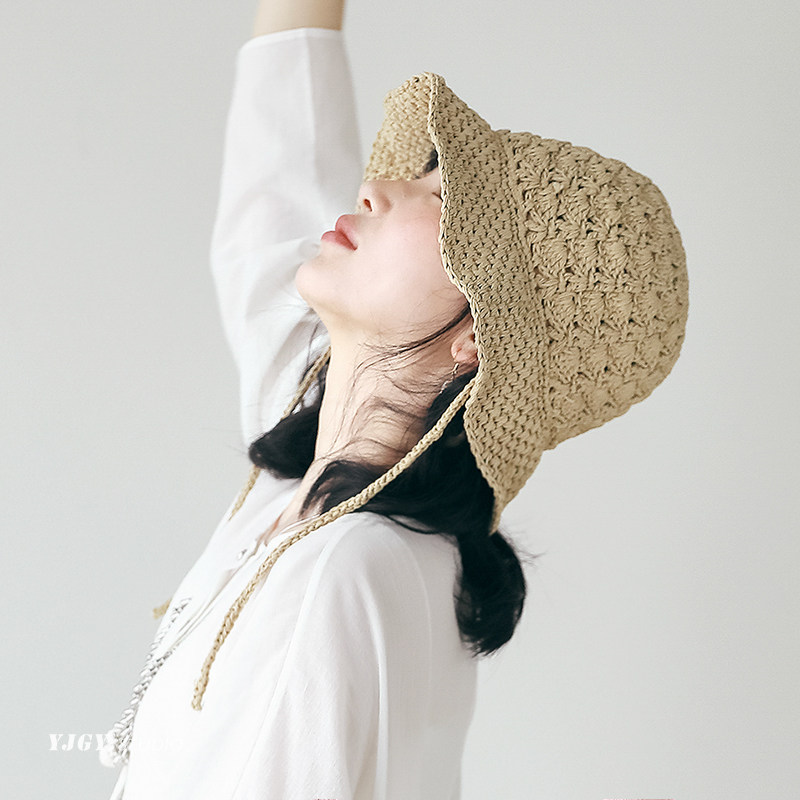 印计谷羽 帽子女春夏天新款海边度假防晒遮阳帽透气钩针渔夫草帽