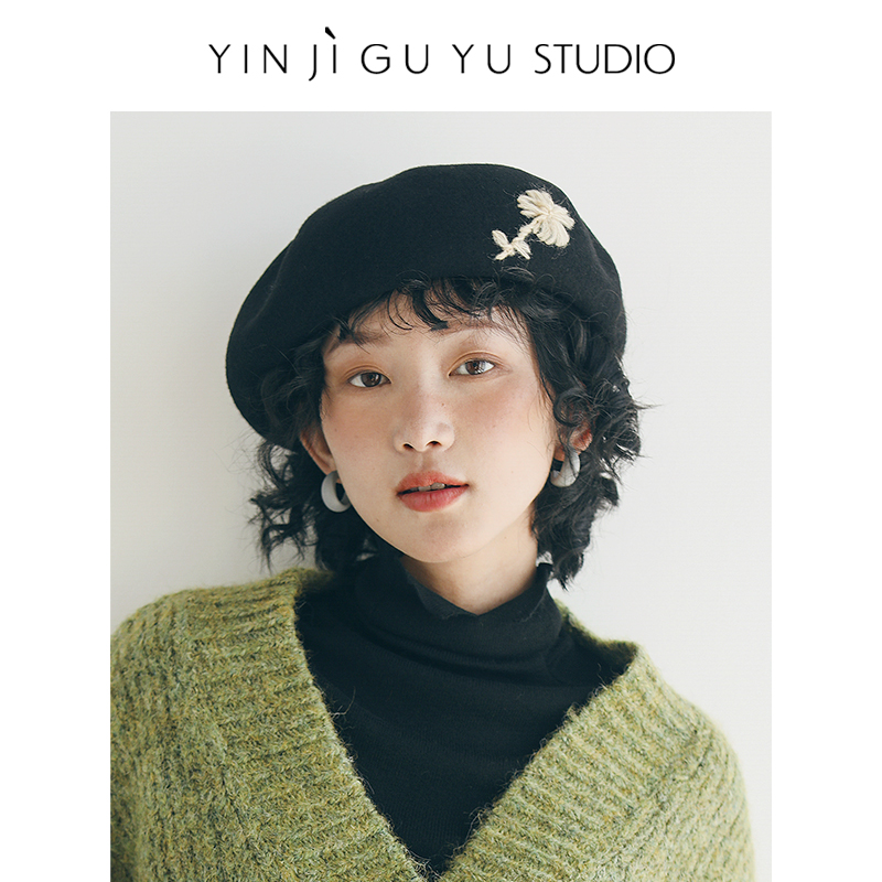 印计谷羽手工绣花毛呢贝雷帽