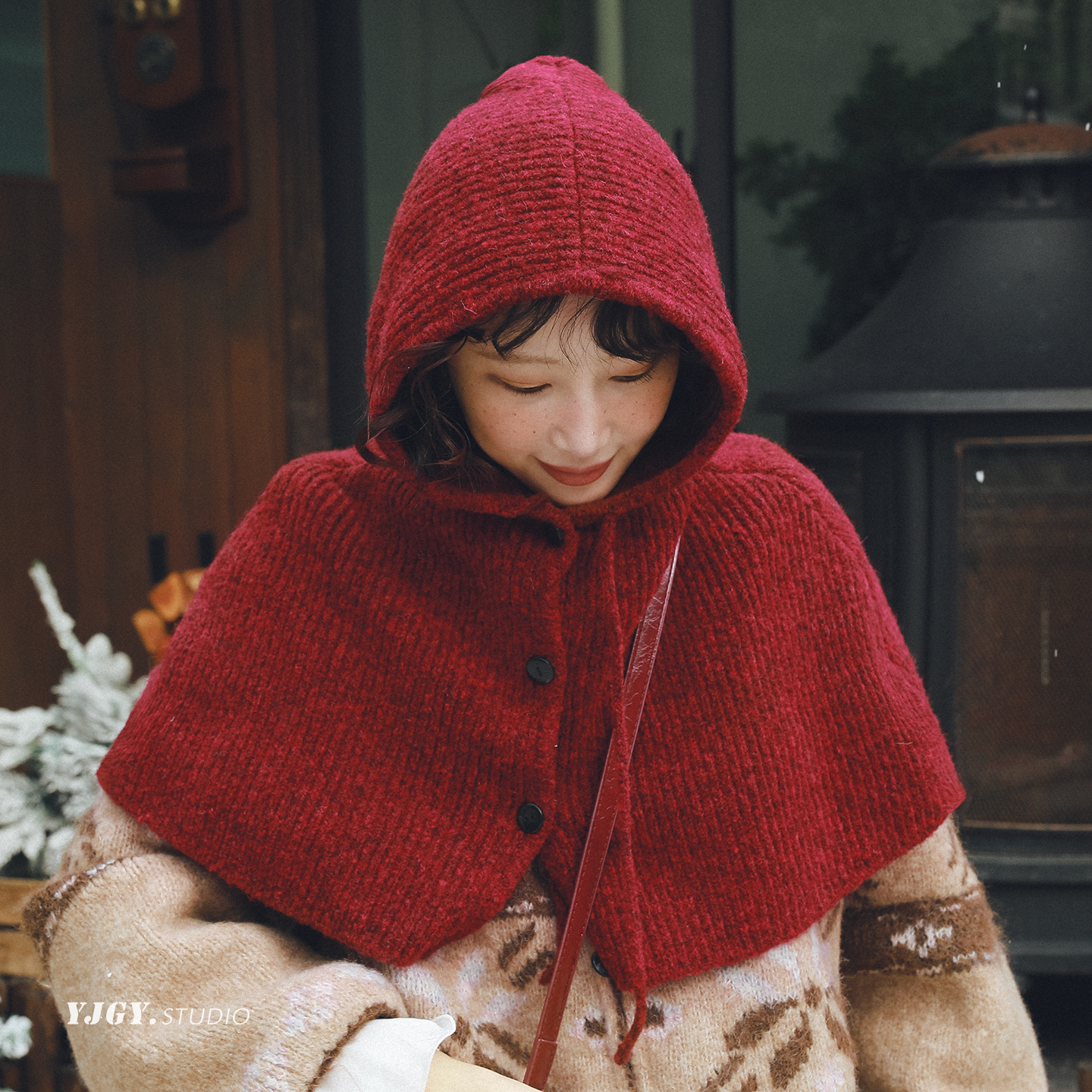 印计谷羽连帽羊毛针织巴拉克拉法帽女秋冬保暖防风披肩一体斗篷帽