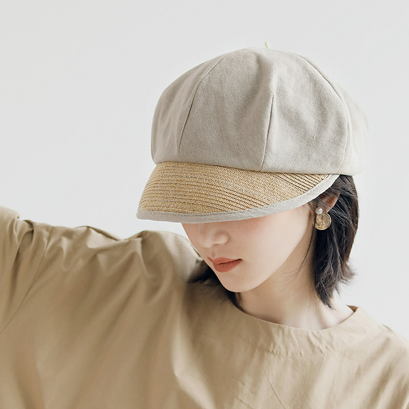 印计谷羽 春夏天新款细辫拼接鸭舌帽女韩版百搭文艺棉麻报童帽子