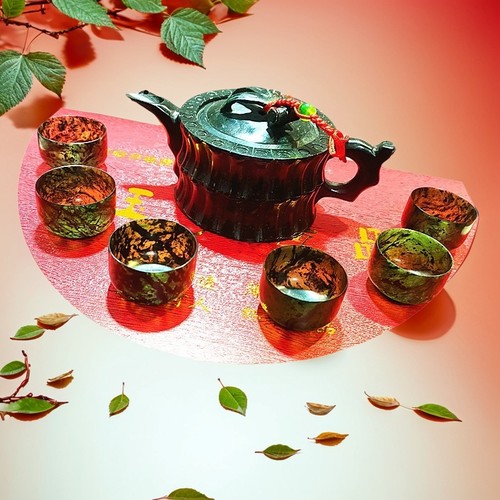 静云轩酒泉夜光杯祁连玉甘肃特产天然墨玉小号平碗杯竹节壶套装