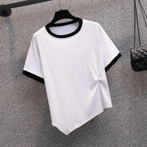 Real shot 2022 summer clothes new fat mm fashion versatile thin asymmetric kink short sleeve T-shirt