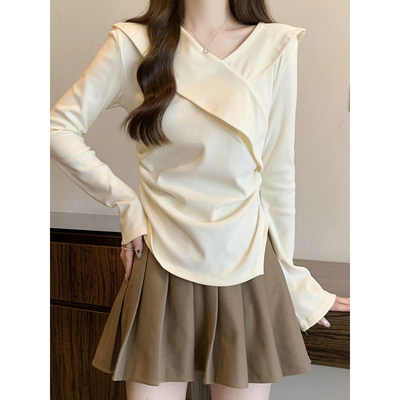 不规则v领长袖T恤女大码胖mm