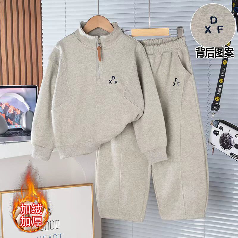 男童加绒加厚卫衣弯刀裤套装秋冬