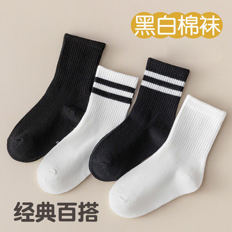 儿童袜子春秋纯棉中筒白袜男童女童白色短袜表演出学生运动条纹袜
