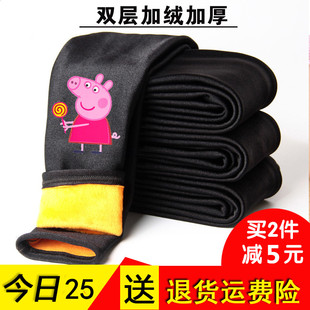 儿童光泽裤加绒加厚外穿秋冬女童仿皮裤印花打底裤保暖裤九分裤子