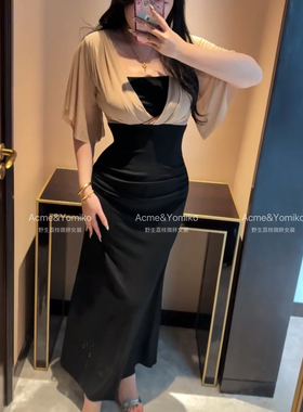 焦糖缪斯 法式名媛复古千金通勤撞色收腰设计显瘦连衣裙G490/G503