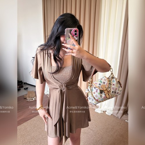 公主小妹 慵懒法式风微胖mm假两件设计短袖微胖连衣裙G646/G671