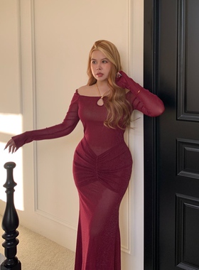 【野生荔枝】米兰晚宴 红色闪亮性感带里布遮肉显瘦连衣裙女G028