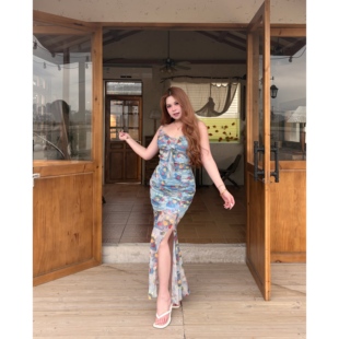 吊带包臀连衣裙G150 碎花印花设计感复古优雅褶皱修身 芭提雅 夏季