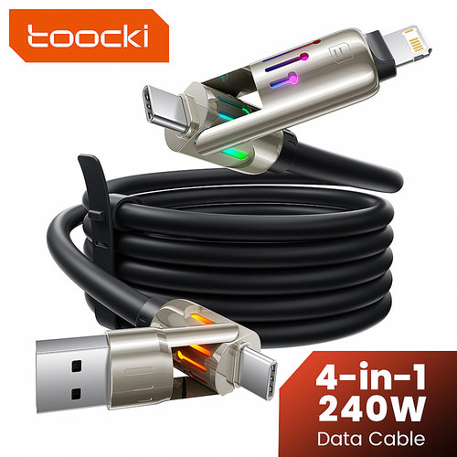 Toocki 240W四合一七彩呼吸灯手机充电线多功能二拖二快充数据线