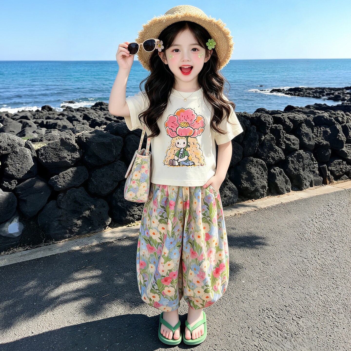 女童夏季纯棉薄款卡通印花套装