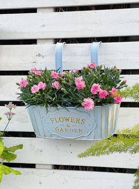 复古做旧淡蓝色铁皮桶椭圆挂钩盆 田园风实用花盆有底孔阳台花园