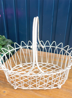 独家铁艺花瓣手提篮复古做旧防锈处理白色花边椭圆野餐篮蔬菜收纳