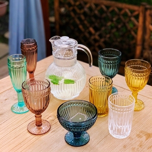 家用水杯红酒杯套装 复古彩色条纹浮雕玻璃杯 果汁杯高脚杯婚礼杯