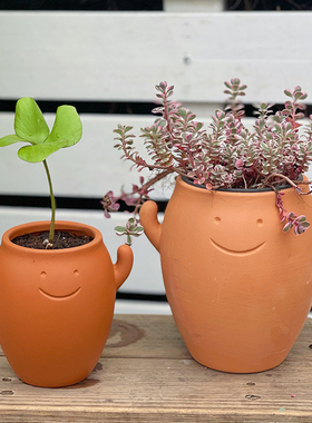 红陶卡通小花盆透气耐用客厅桌面可爱微笑小胖子迷你植物多肉盆