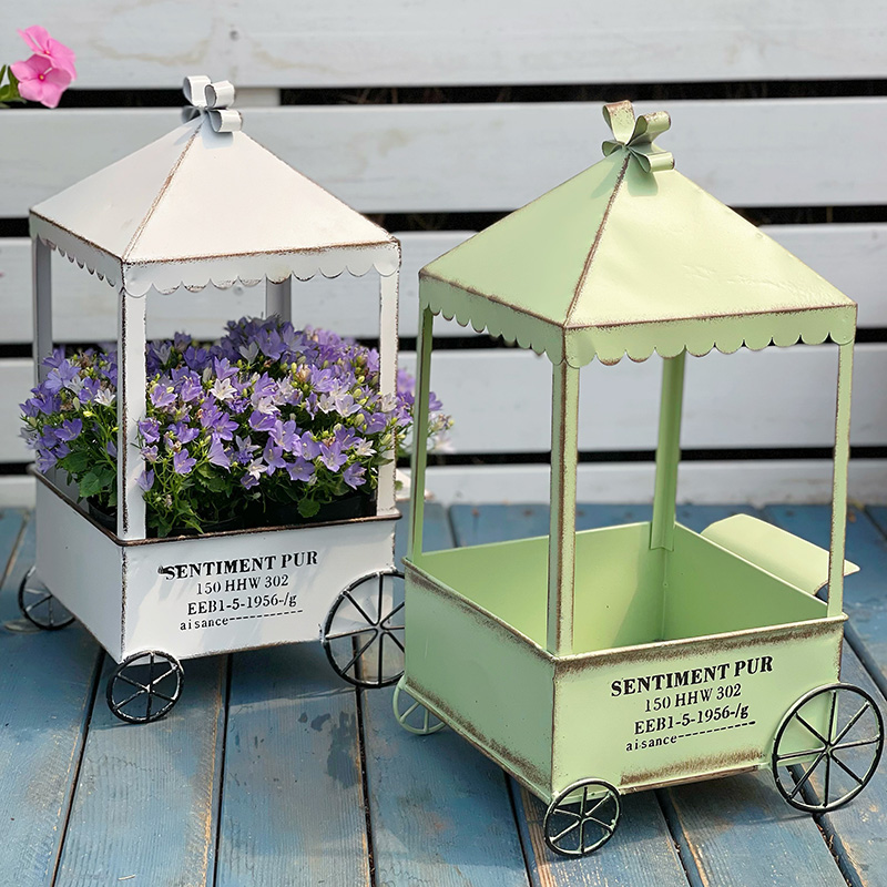 日系复古铁艺做旧四轮小花车推车花篮阳台花园装饰品摆件花器