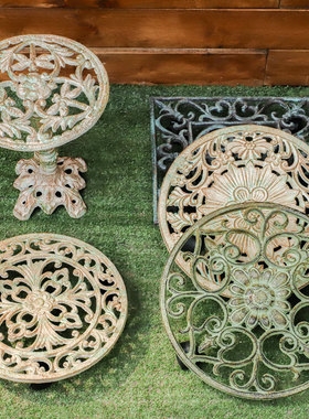 铁艺欧式复古做旧圆形方形铸铁万向轮可移动托盘 加厚盆托花盆架