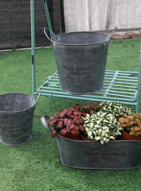 铁艺灰色字母藤蔓镂空双耳花盆 美式乡村风格圆形铁皮桶园艺杂货