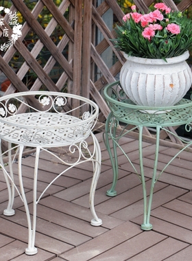 铁艺复古做旧小花朵铜钱花架凳鼓型带护边花盆架室内花园抬高架