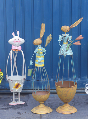 蓝兔子爬藤架铁艺做旧花园庭院装饰伞型动物铁线莲花支架户外阳台