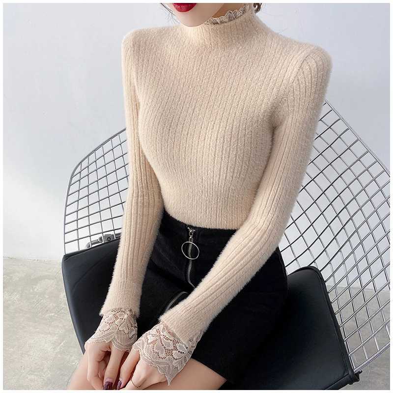 Mink like cashmere sweater women's autumn winter new 2020 half high collar lace foreign style with tight knit bottom coat