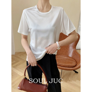 SOUL JUC 高级醋酸短袖圆领T恤女夏 缎面有光泽上衣
