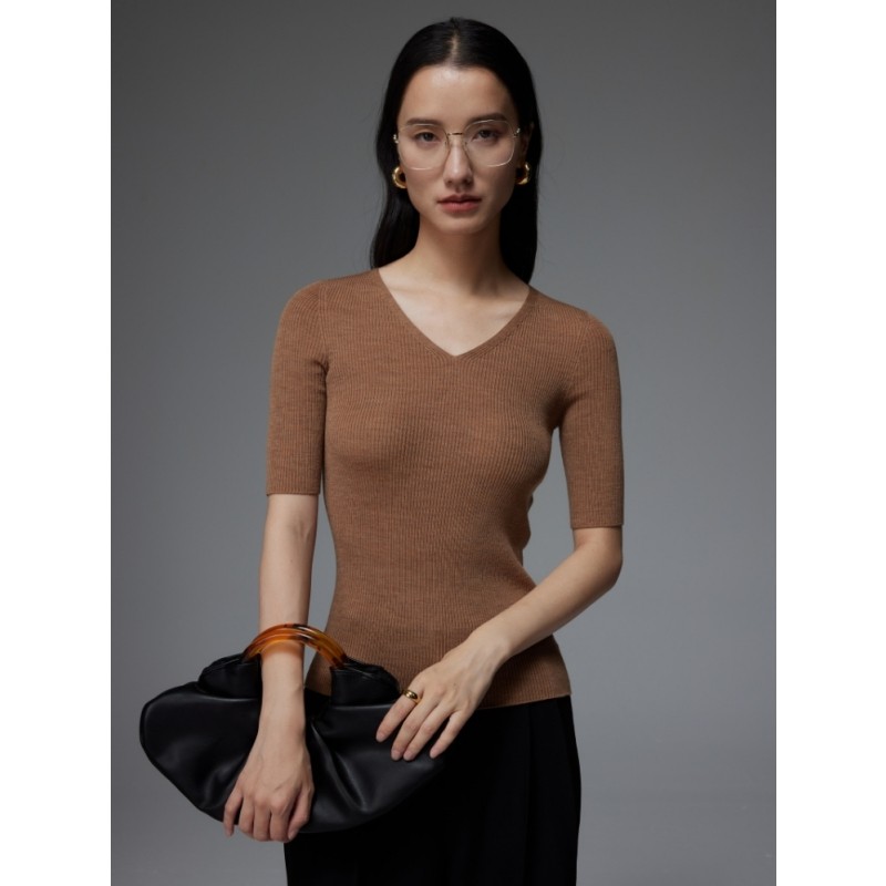 SOUL JUC 可机洗亲肤美丽诺细羊毛 18针无缝一体V领短袖薄羊毛衫,女装/女士精品,毛针织衫,淘宝优惠券,粉丝福利购,淘宝优惠卷