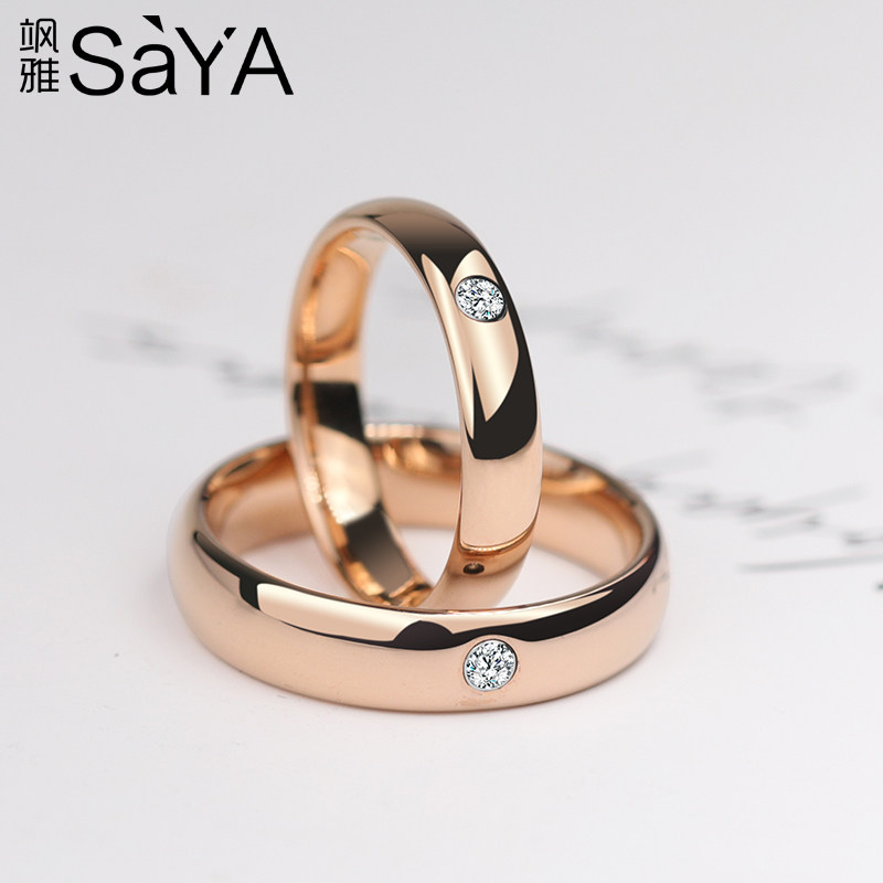 saya玫瑰金情侣戒指时尚个性锆石钻戒钨金对戒子男女素圈饰品刻字