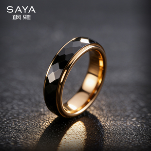 飒雅玫瑰金戒指男士彩金潮牌单身食指黑色锤纹男戒钨金高级感指环